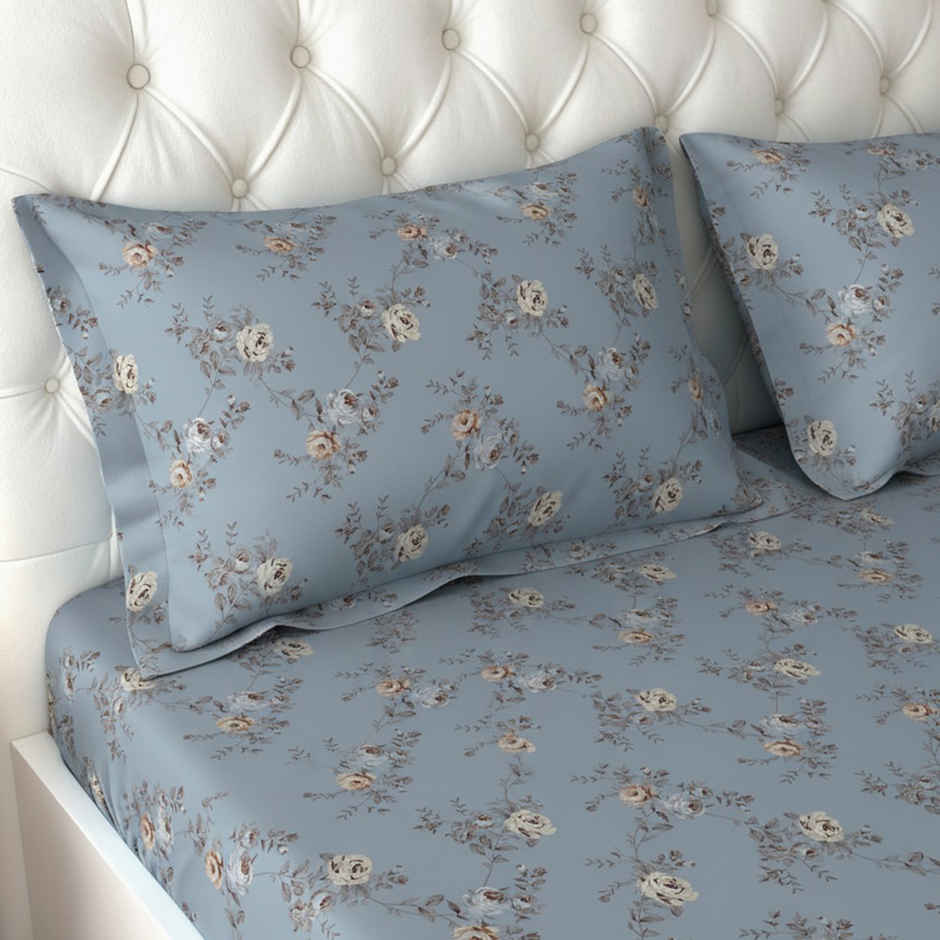 Raymond Home 120 GSM Hazel Floral Double Bedsheet with 2 Pillow Covers Blue