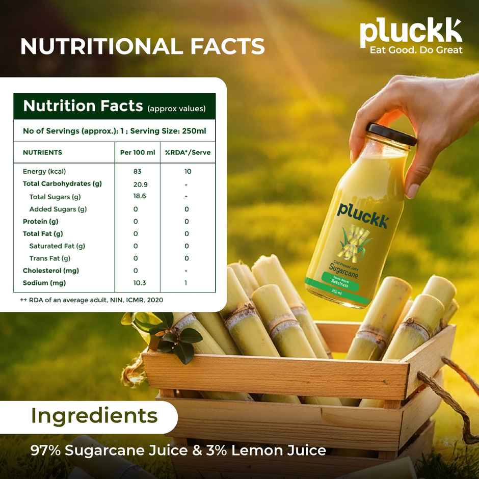 Pluckk Cold Pressed Extracted Sugarcane Juice | No Preservatives | No Added Sugar