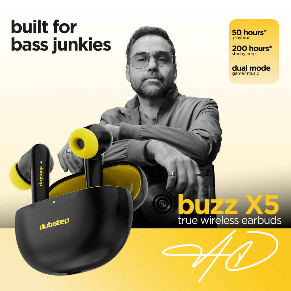 Dubstep Buzz X5 in-Ear TWS Earbuds with Upto 50 hrs Playtime, 13mm Dynamic Drivers, X-Bass Technology, ENC, Bluetooth V5.3 Earphones, Type-C Fast Charging - Black & Yellow