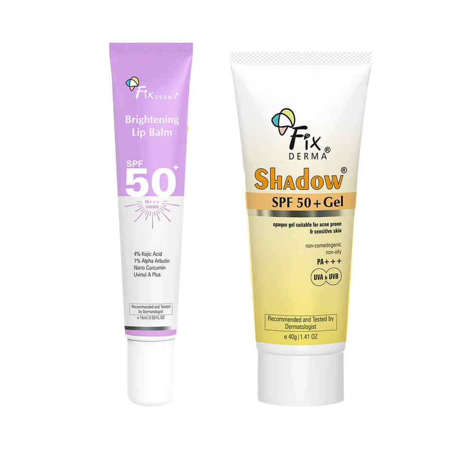 Fixderma Shadow Sunscreen Spf 50+ Pa+++ Gel, Lightweight & No White Cast For Oily Skin (40g) & Fixderma 4% Kojic Acid Brightening Lip Balm (15ml) Combo