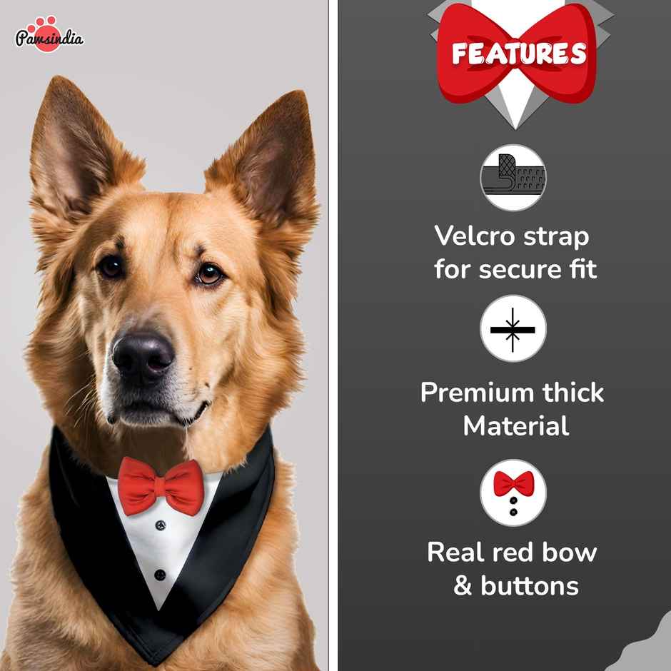 Pawsindia Black and White Tuxedo Bandana with Red Bow For Dogs - L