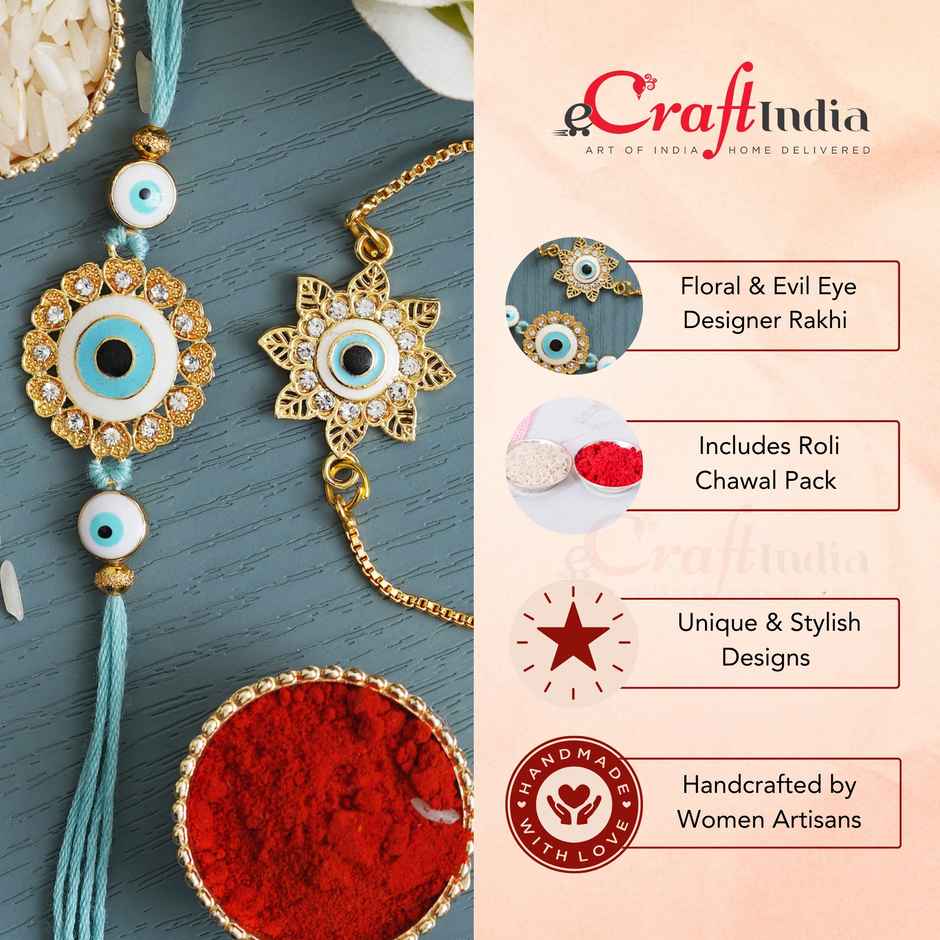 Bhaiya Bhabhi Bracelet Rakhi | Floral Evil Eye Designer | Includes Roli Chawal | Pack of 2 | Ecraftindia