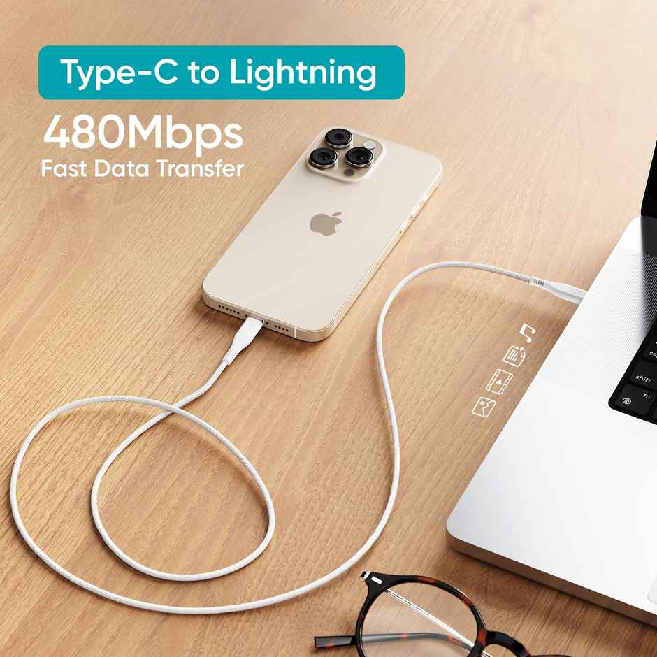 Ambrane Type-C to Lightning USB Cable | 1.25M | 22.5W Fast Charging | White