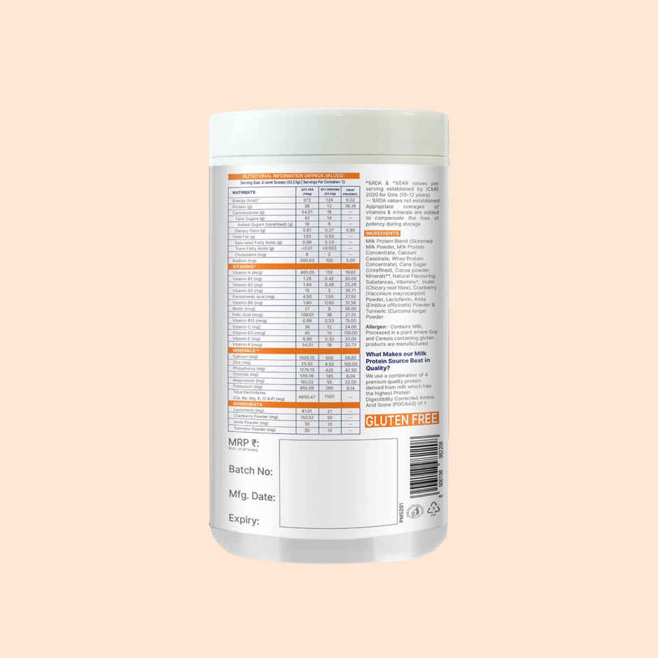Gritzo Super Milk Growth+ | 10-12y Girls | 12g Protein Powder | Double Chocolate