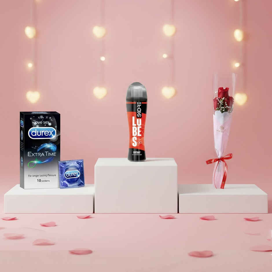 Durex Extra Time Condom (10pc) & Skore Lubes - Cherry Flavour (50ml) & Floweraura 3 Red Roses In Sleeve (1pc) Combo