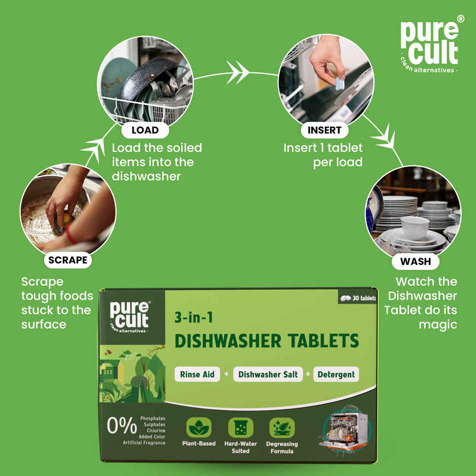 Pure Cult 3-In-1 Plant Mineral and Enzyme Based Dishwasher Tablets | Sulphate Free