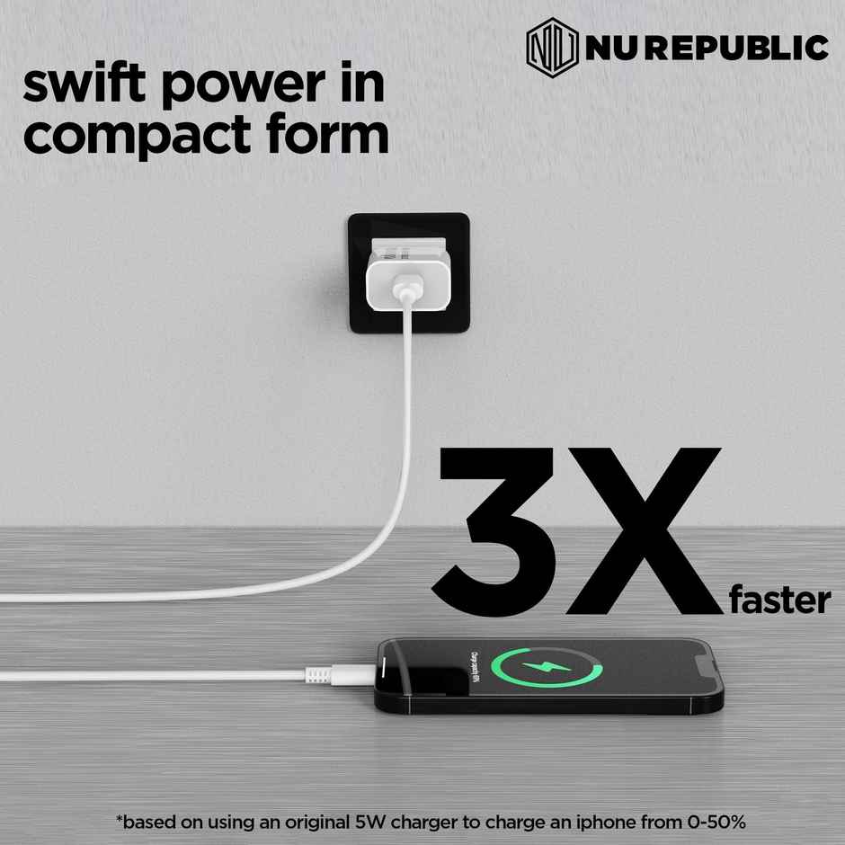 Nu Republic Sprint Ultra 30W USB-C Charger PD 3.0 with Type-C to Type-C Cable Supports All Fast Charging Technologies - White