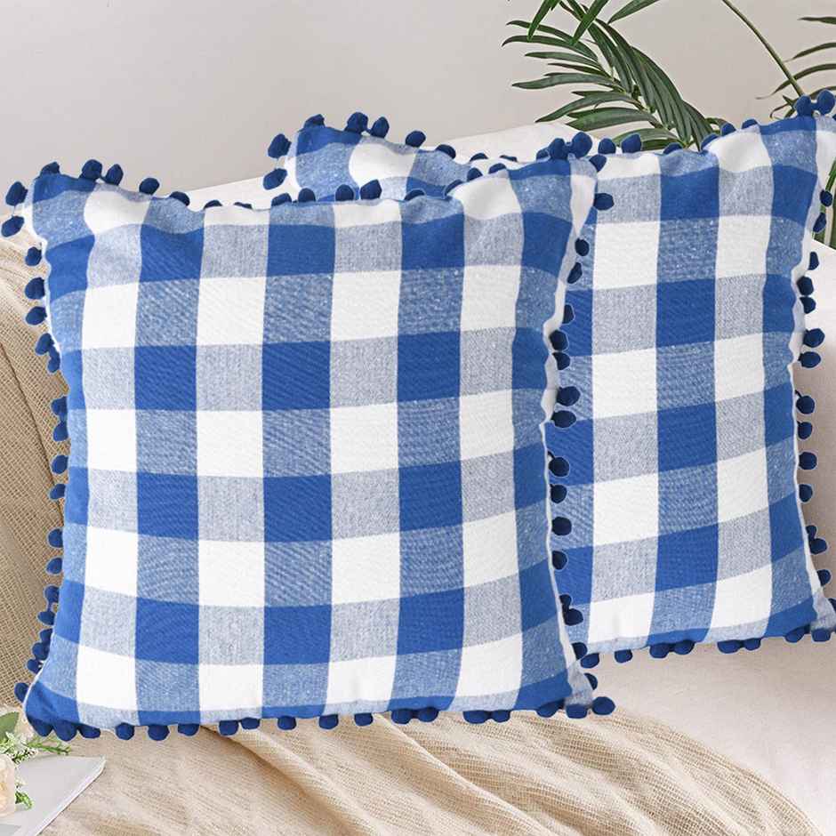 Lushomes Cotton Cushion Covers - Blue and White Checks | 20 x 20 inch | Pom Pom