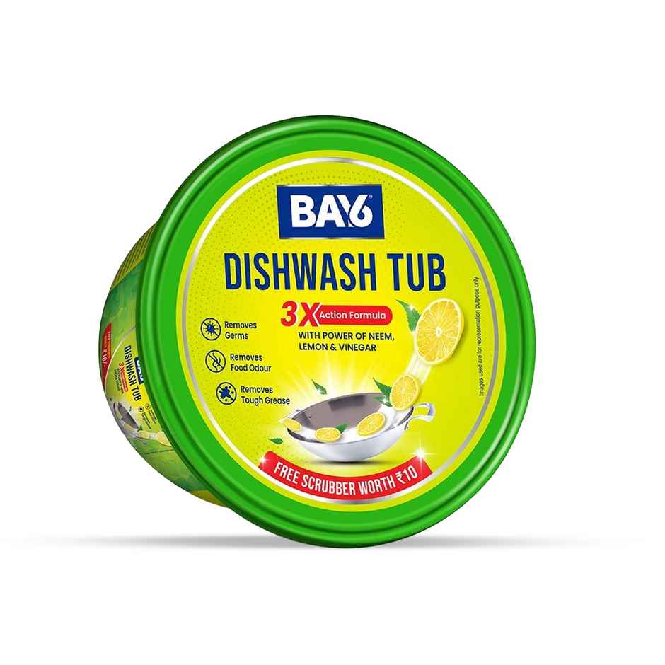 BAY6 Dishwash Bar Tub - 3X Action Neem, Lemon & Vinegar with Free Scrubber