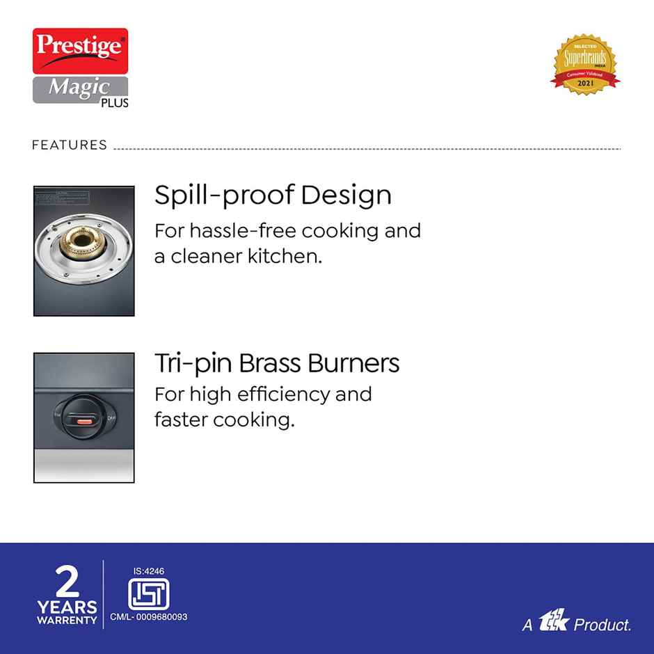 Prestige Magic Plus GTMP-02 LP Gas Stove,2 Brass Burners,Toughened Black-Glass Top,2yrs Warranty