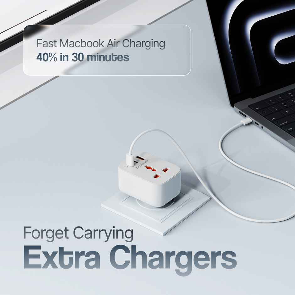 Ambrane X33 33W Fast Charger, 4-in-1 | USB, 2 Type-C | AC Socket | 2500W Boost | Black