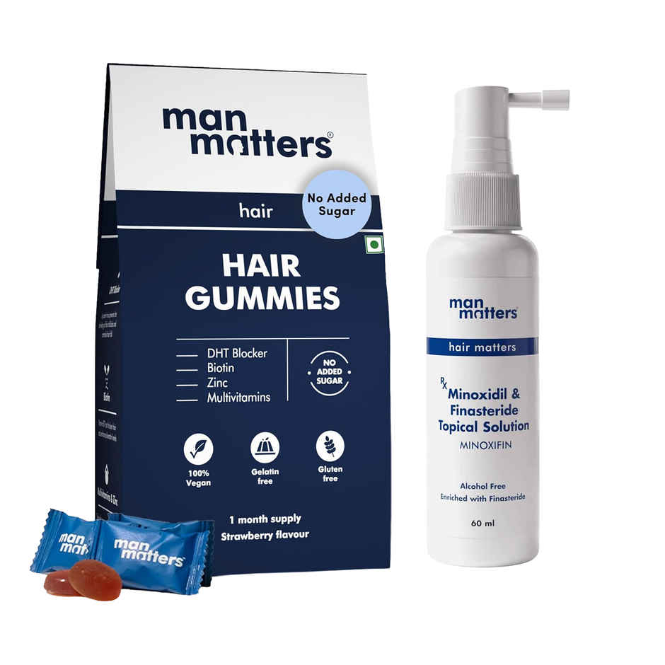 Man Matters Nourish Biotin Hair Gummies 30S Pack (30pc) & Man Matters Minoxifin Topical Solution | For Stage 3 Hairfall (60ml) Combo 