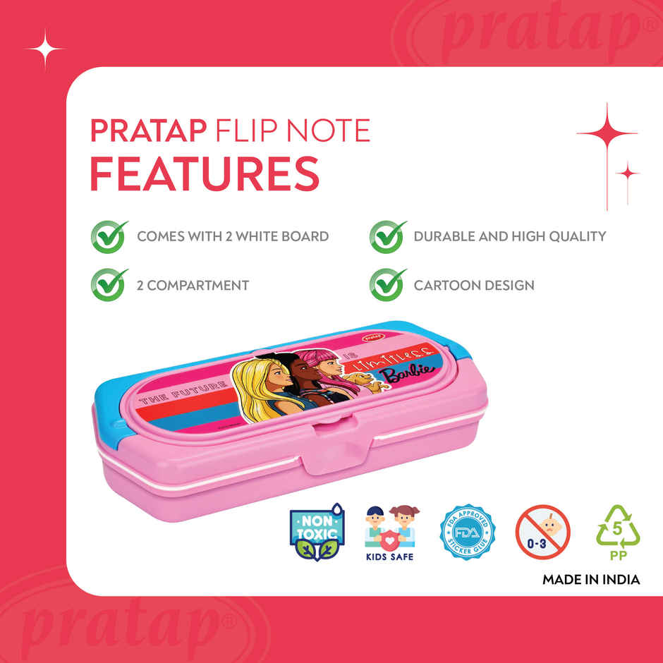 PRATAP Flip Note Pencil Box With Dual White Board | Marker, Pencil, Scale, Duster | Pink | Barbie