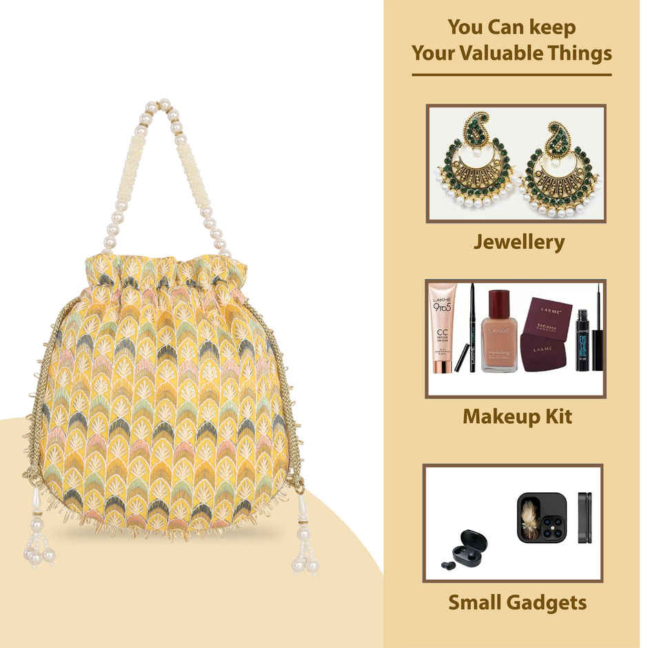 Lavie Women's Noor Chevron Embroidered Potli | Small | Yellow