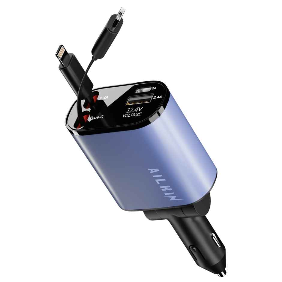 Ailkin 120W Retractable Car Charger 4-in-1 Fast Charger | USB-C & Lightning Cables | Dual USB Port