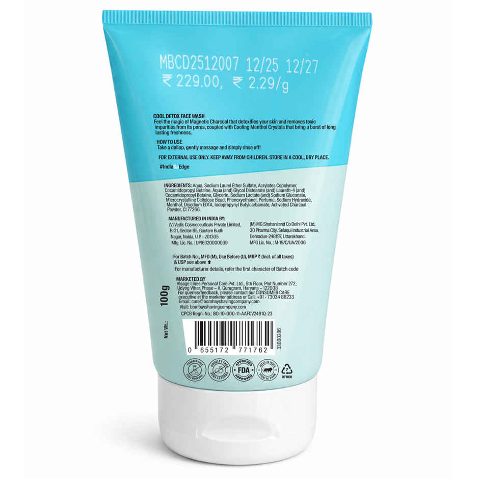 Bombay Shaving Company Cool Detox Face wash - Charcoal Deep Clean & Menthol Cooling