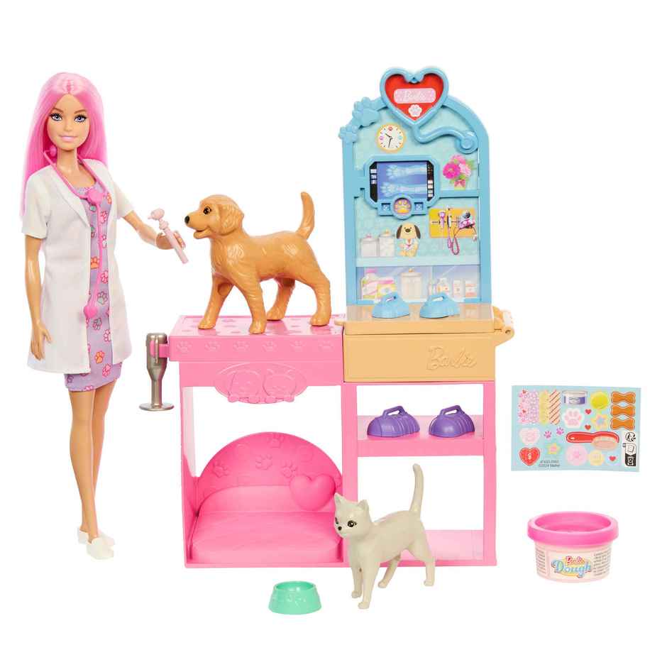 Barbie Fast Cast Veterinarian Clinic Playset with Pink Colored Hair Fashion Doll