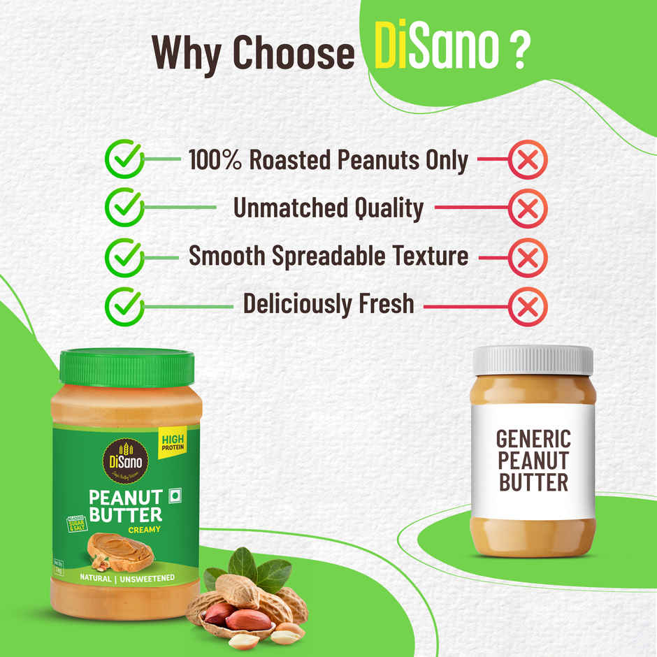 DiSano Natural Peanut Butter - Creamy, Unsweetened, 28.3% Protein, No Added Sugar,Pure Peanut