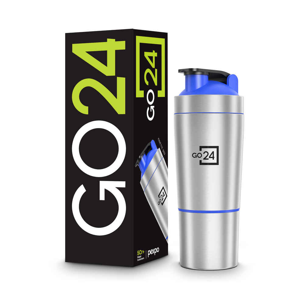 Go24 | Pexpo Kinetic Stainless Steel Gym Sipper with Extra Compartment | Blue & Steel | 850 ml