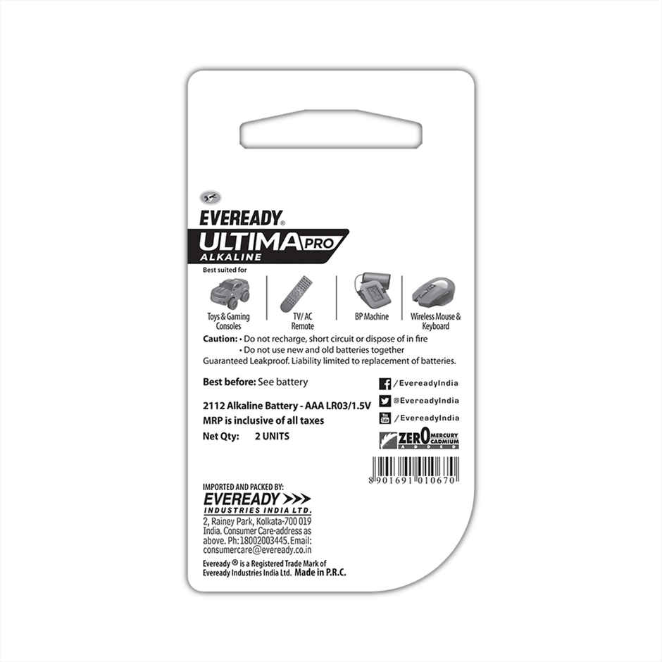 Eveready Ultima Pro Alkaline AAA Battery | 800% Longer Lasting|Pack of 2