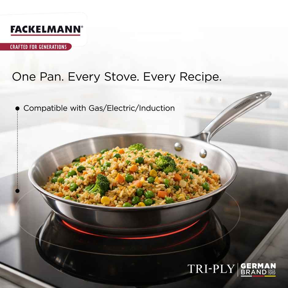 Fackelmann 24 cm Frying Pan, Triply | with Lid | German Quality | Energy-Efficient Fry Pan | Non-Toxic | Even Heating | Ideal for All Cooktops | Hassle-Free Maintenance | 5 Year Warranty