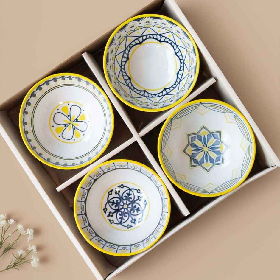 The Earth Store Yellow Floret Ceramic Bowl Set | Microwave & Dishwasher Safe | 300 ml