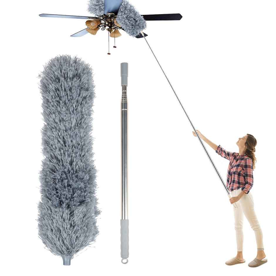 Kuber Microfiber Fan Duster with Long Rod | Household Cleaning Brush | Grey & White