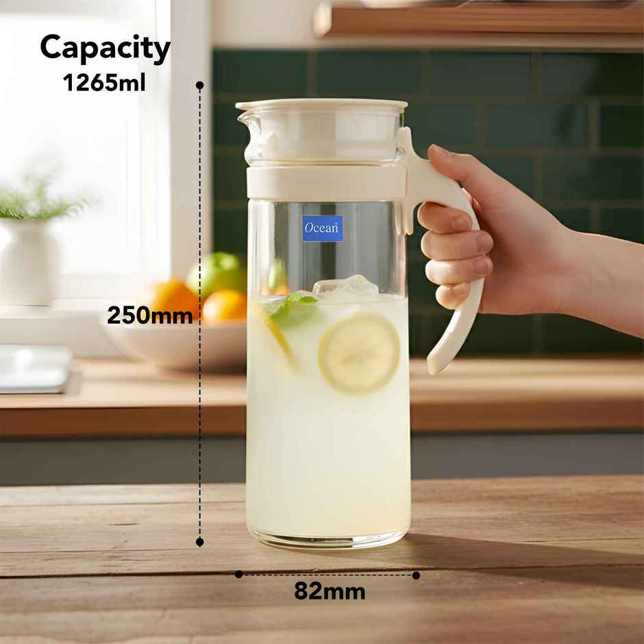 Ocean Patio Pitcher Water Glass Jug | 1.265 L | Transparent | White Lid