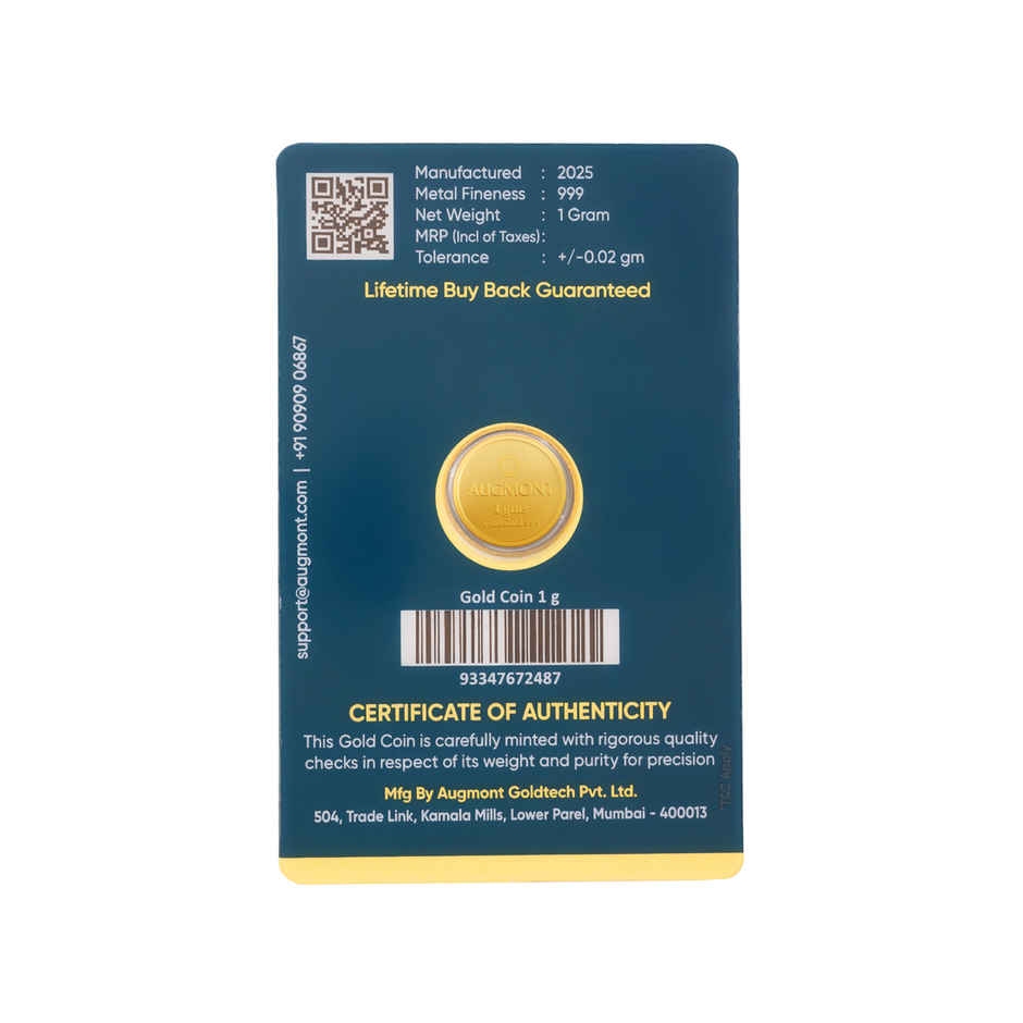 24 Karat 999 Pure Gold Coin | Lakshmi Ganesh Design | 1 g | Augmont