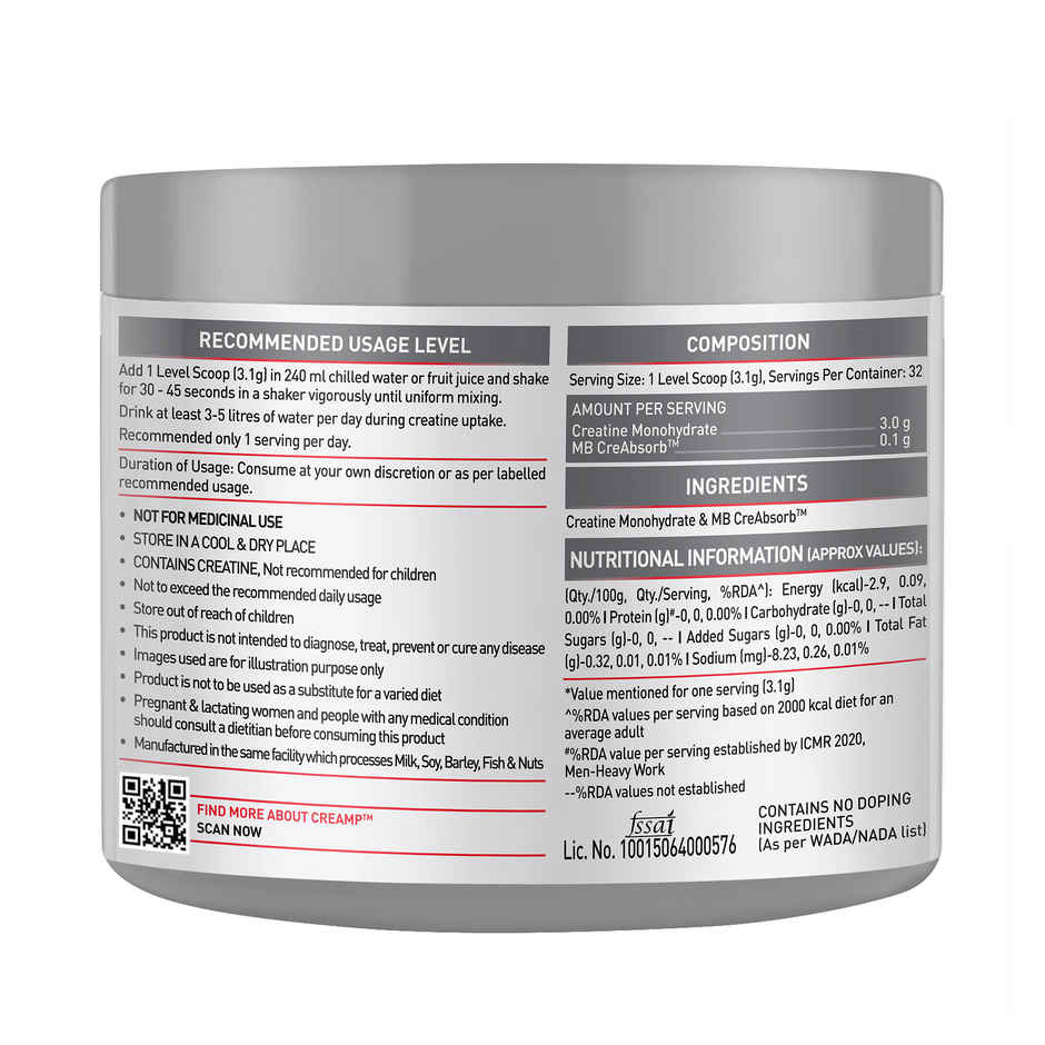 MuscleBlaze Mirconised Creatine Monohydrate CreAMP Powder (Unflavoured, 32 Servings)