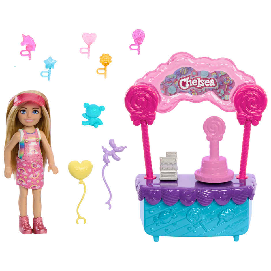 Barbie Chelsea Doll & Lollipop stand Playset with Accessories | 10 piece Toy Set from Barbie Movie