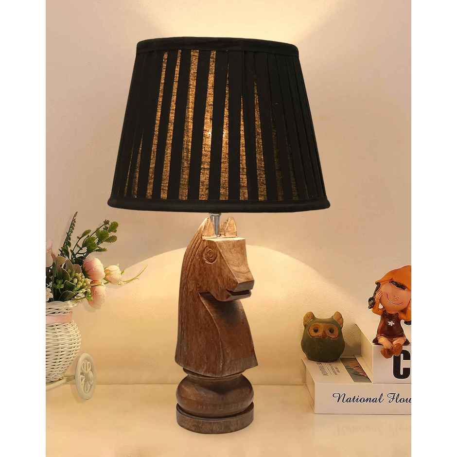Homesake Rustic Chess Knight Table Lamp | Ribbed Black Shade | Wooden Base | Bedside & Living Room