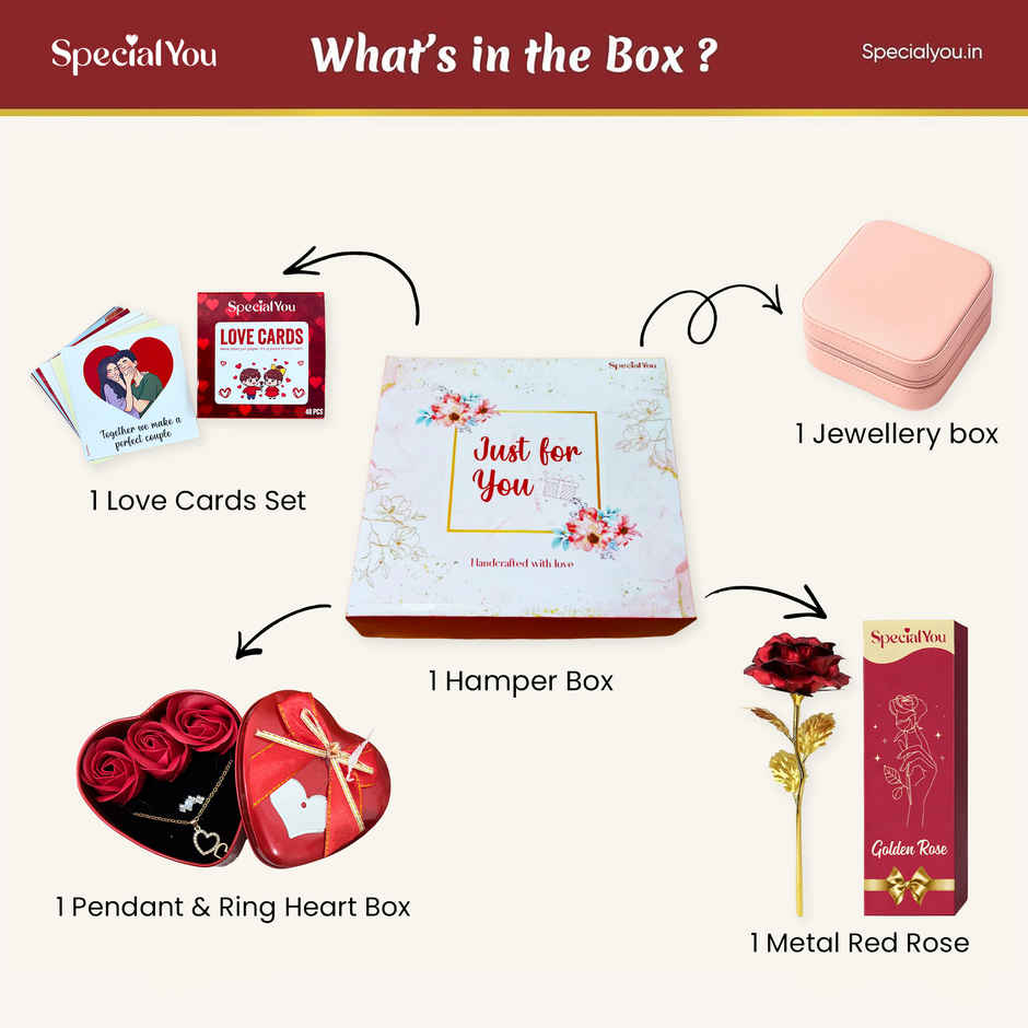 Red Metal Rose Gift Hamper with Jewelry Box and Pendant Ring Set | Ideal for Gifting | Special You