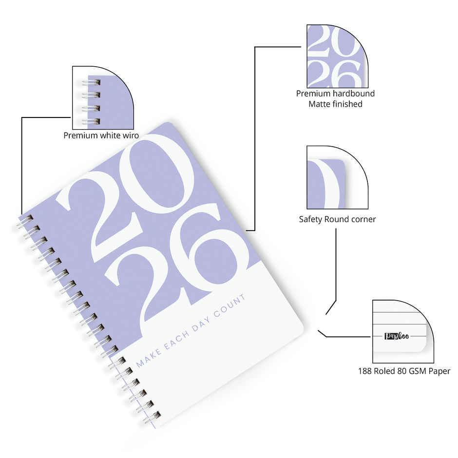 Papboo A5 Hardcover 2026 Diary with Calendar | 80 GSM | Ruled | 188 Pages | Purple