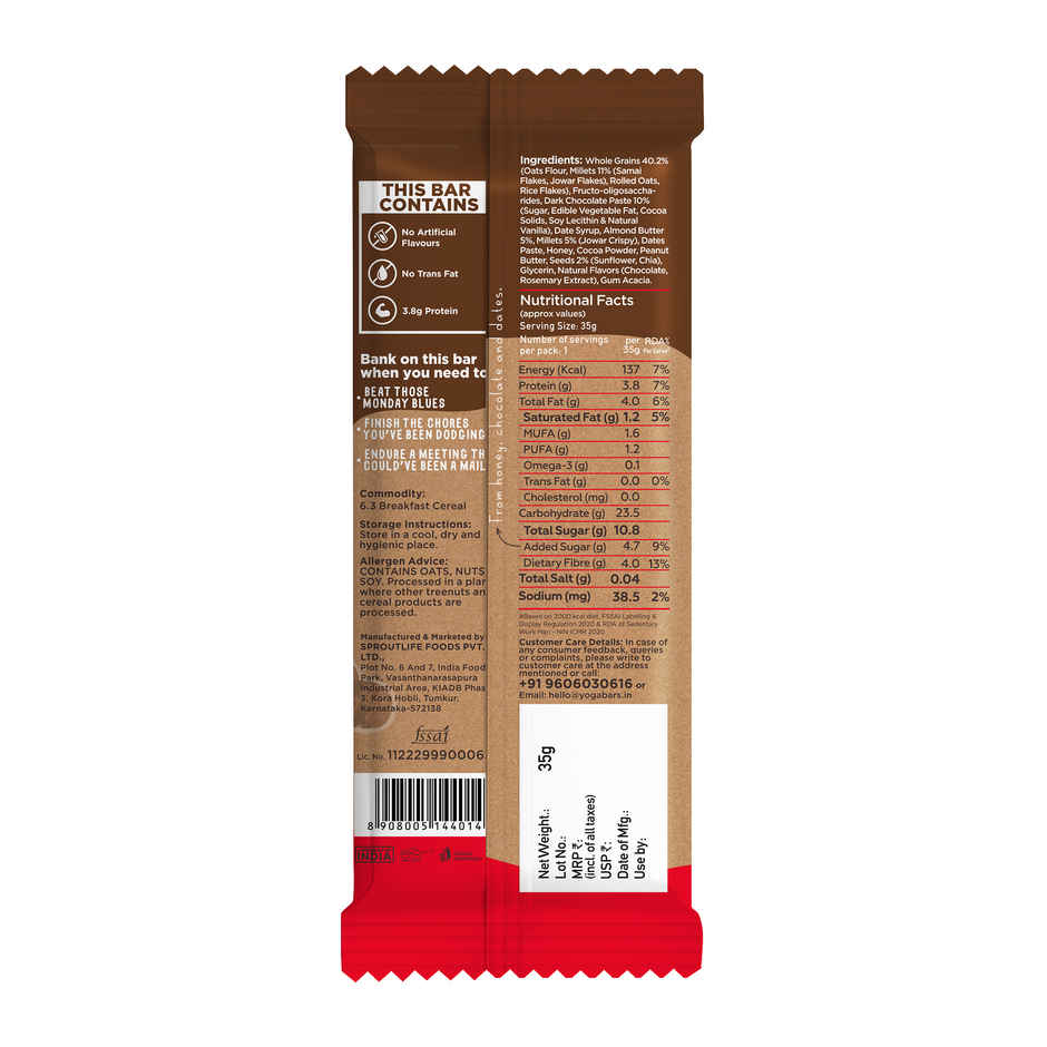 Yogabar Multigrain Energy Bars Chocolate Chunk with Nuts, Oats and Millets,Chia Seeds, Protein Bars