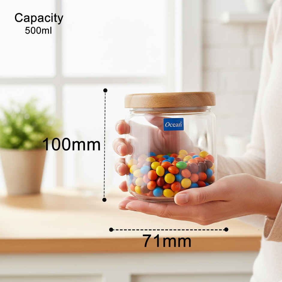 Ocean Pop Glass Jar Set with Wooden Lid (500 ml, 6Pcs)