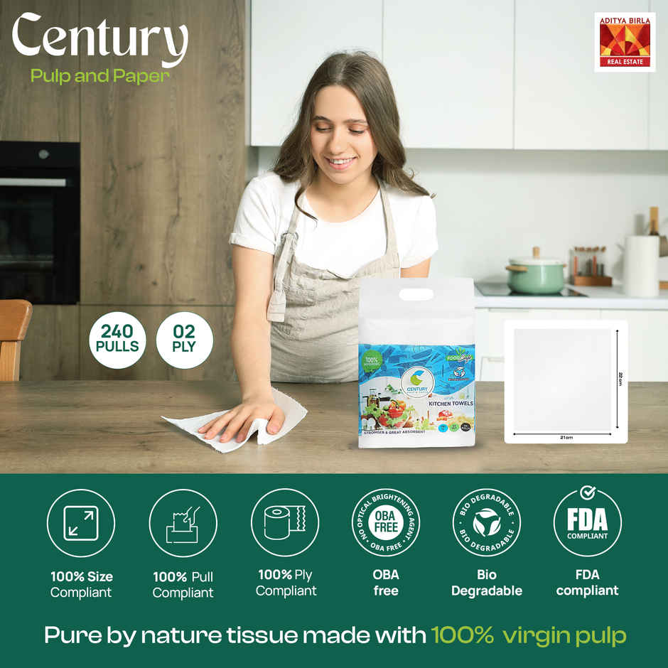 Century 2 Ply 100% Virgin Pulp Kitchen Towel Roll 4 in 1 - 60 Pulls Per Roll