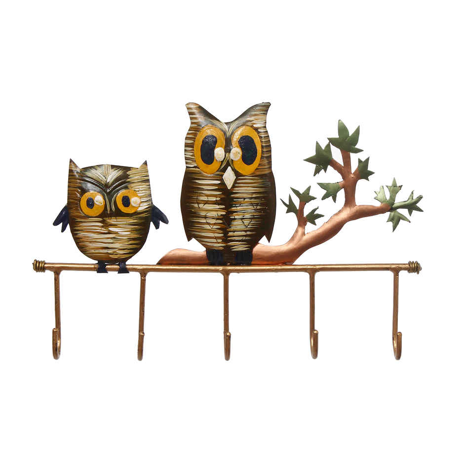 eCraftIndia Iron 2 Owl Birds Sitting On Tree Branch Decorative Key Holder With 5 Key Hooks For Wall