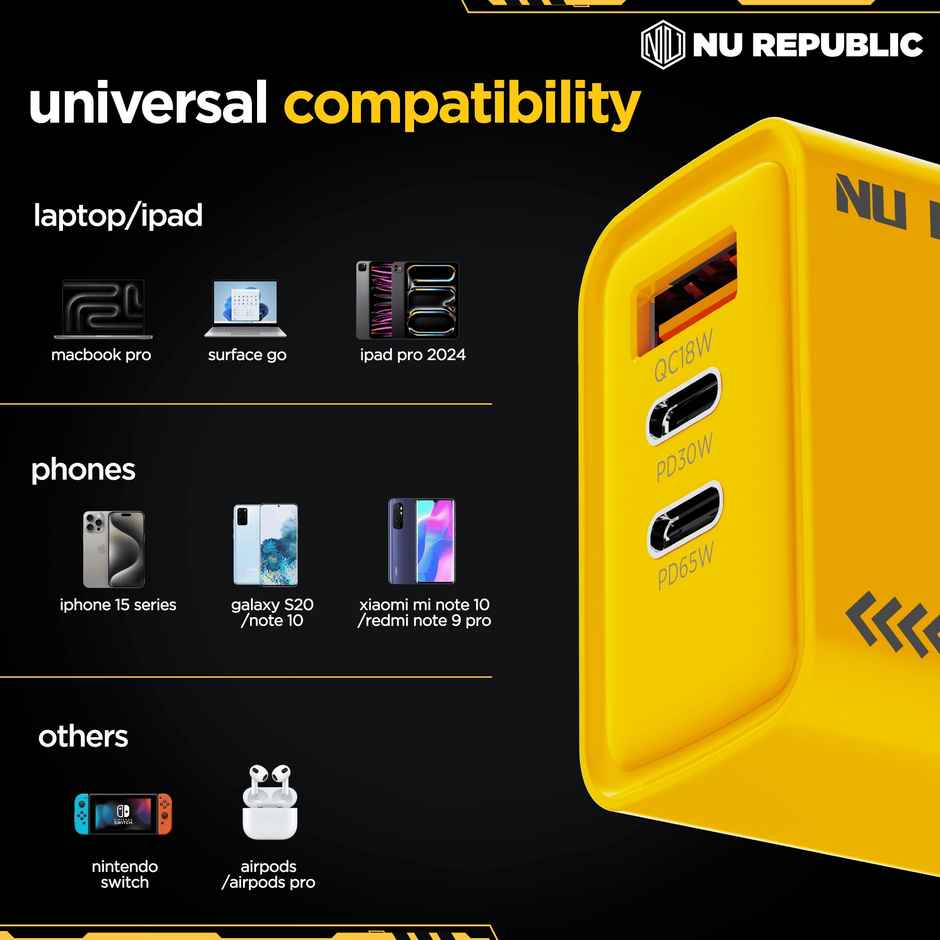 Nu Republic Cybotron 65W Gan Superfast Wall Charger with Type-C To Type-C Cable (Yellow)