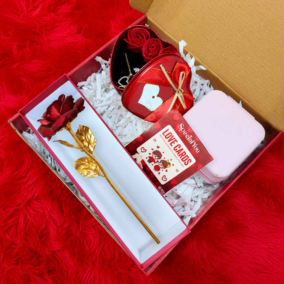 Red Metal Rose Gift Hamper with Jewelry Box and Pendant Ring Set | Ideal for Gifting | Special You