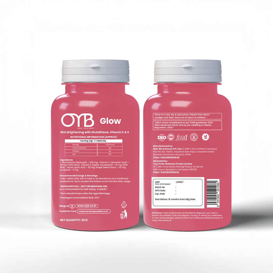 OYB Glow-Skin Brightening with Glutathione, Vitamin C & E | 30 Capsules