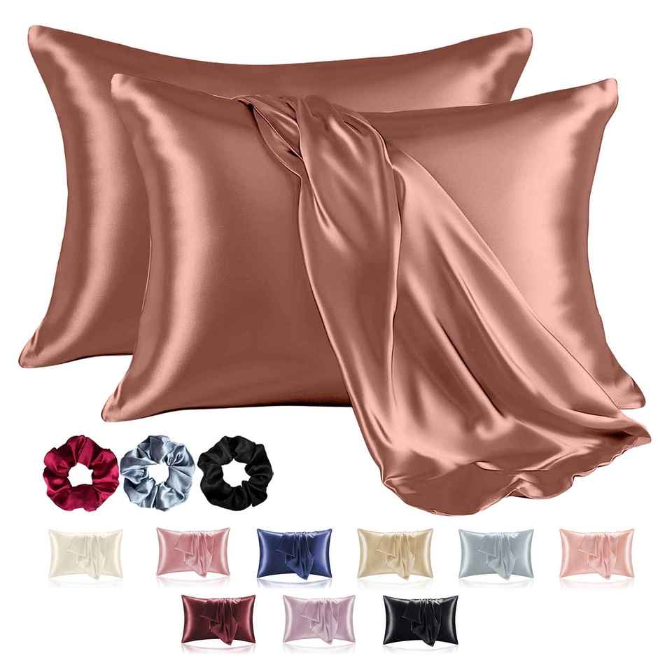 Kuber Industries 2 Pcs Satin Pillow Covers for Hair with 3 Scrunchies for Women | Subtle Copper