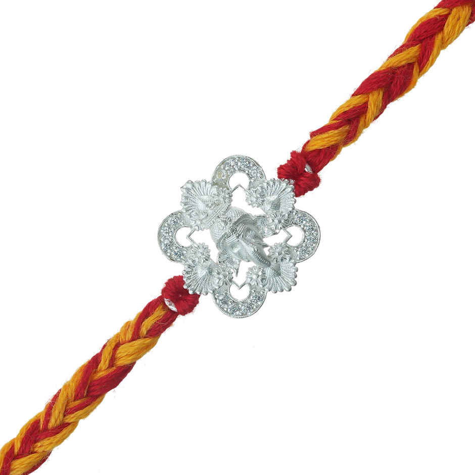 Silver Ganesha Rakhi for Brother with Roli Chawal | Pack of 1 | Ecraftindia