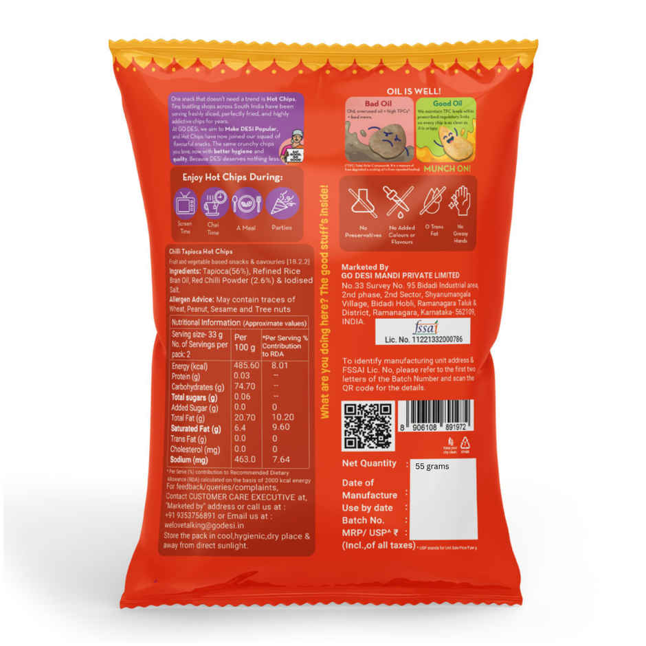 GO DESi Hot Chips Chilli Tapioca | No Palm Oil