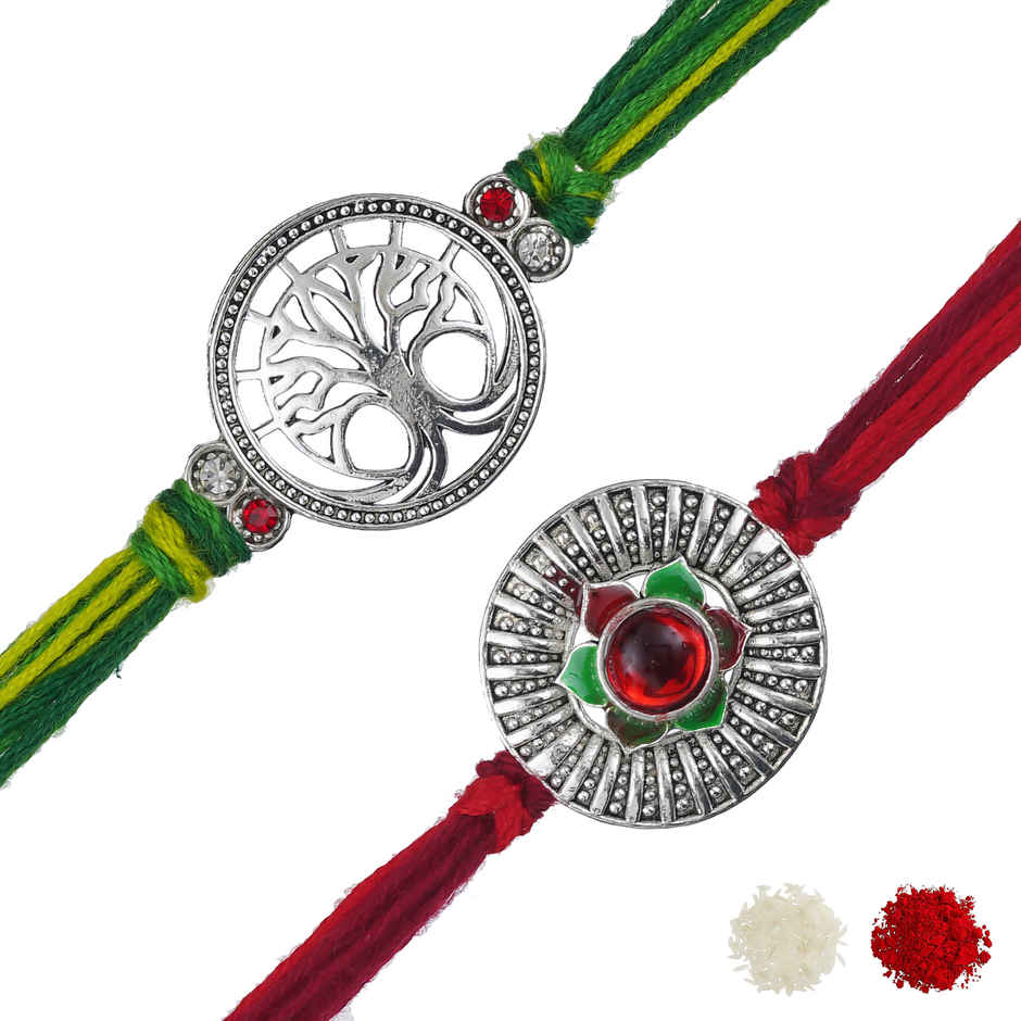 Silver Flower & Tree Designer Rakhi with Roli Chawal | Feng Shui Rakhi | Pack of 2 | Ecraftindia