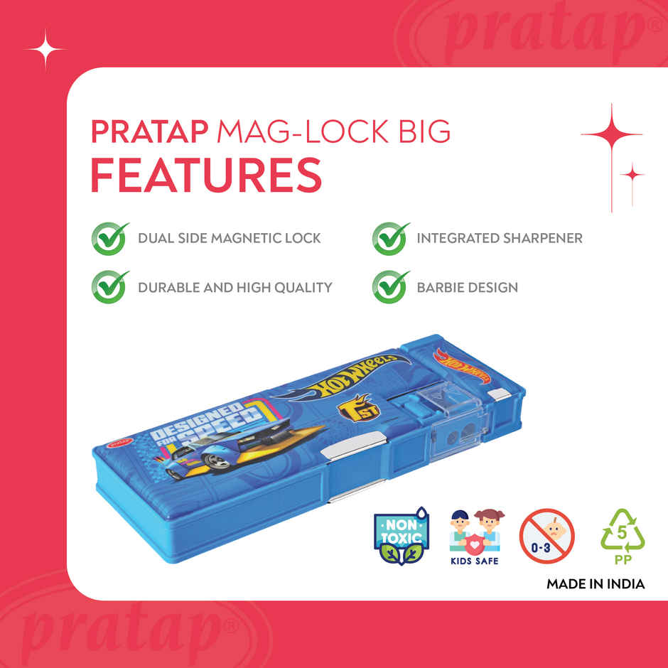 Pratap Maglock Big Dual Side Pencil Box With 2 Sharpener And One Side Compartment Blue Hot Wheels