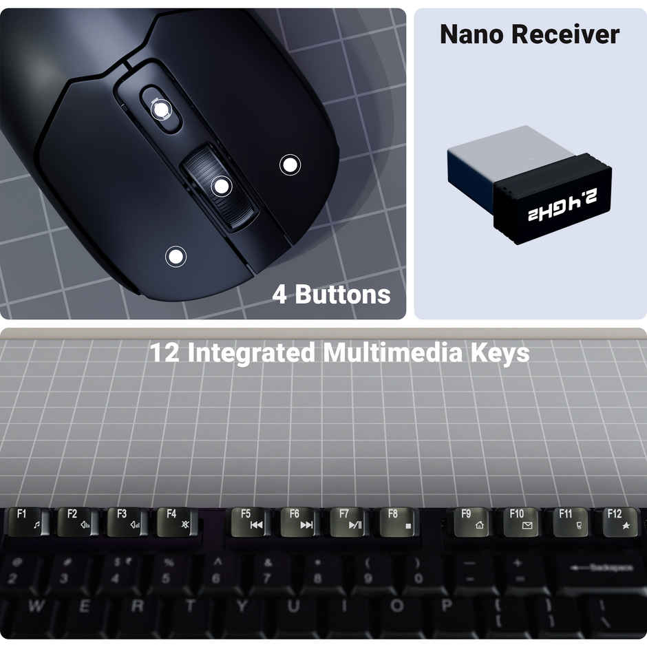 Zebronics Companion 304 Wireless Combo, 104 Keys, Key, 12 Multimedia Keys, 1600 DPI | Black