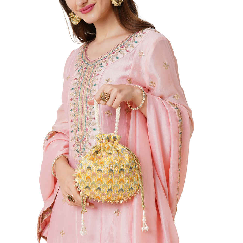 Lavie Women's Noor Chevron Embroidered Potli | Small | Yellow