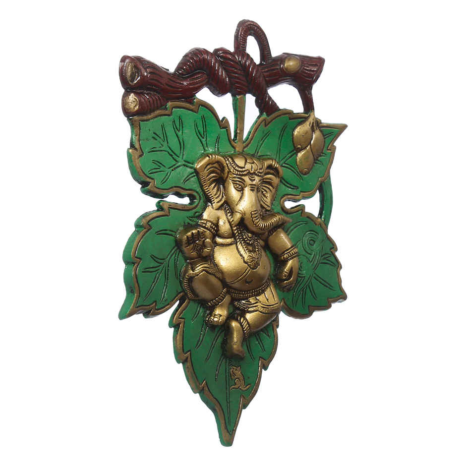 eCraftIndia Dancing Golden Lord Ganesha on Green Leaf Metal Wall Hanging