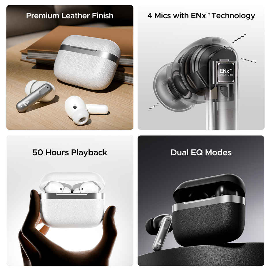 boAt Airdopes 111V2 TWS Earbuds with mic, Premium Leather Finish, 4Mics ENx, 50HRS Battery, 13mm Drivers, Fast Charge, Dual Pair, v5.4 Bluetooth - Classic Black